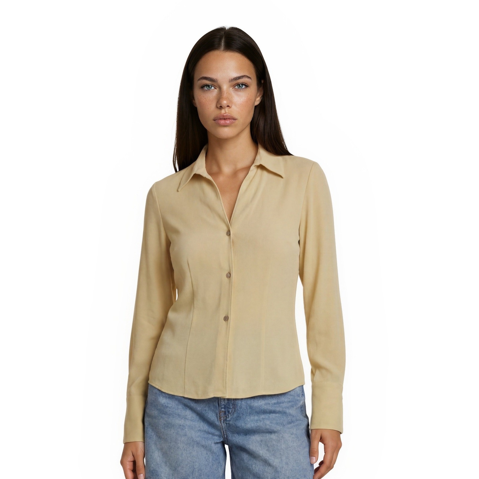 Jones New York Blouse Women's Size 6p Petite Yellow 100% Silk Button Long Sleeve